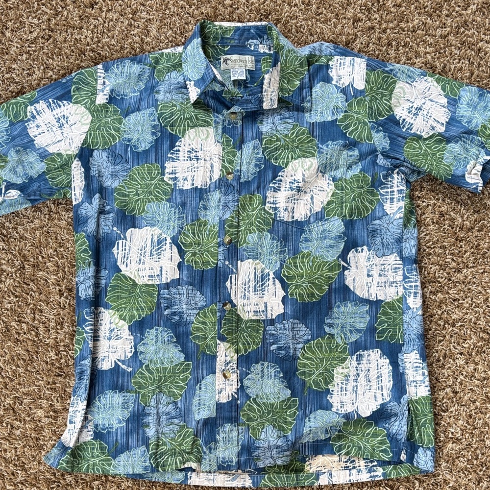 Men's Blue and Green Leaf Print Hawaiian Shirt from Sandwich Isle clothing